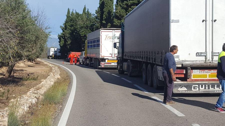 La carretera ha estat tallada fins a les cinc de la tarda. Al fons, el camió accidentat. FOTO: Diari de Tarragona