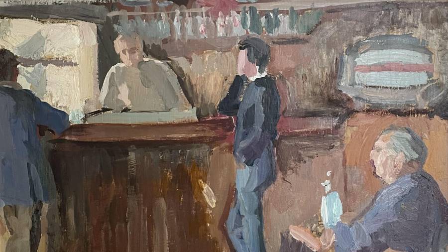 Quadre inacabat de Magda Folch, interromput per la seva mort. S´hi veu el tascaman Boada a la barra i el fundador del bar assegut. Foto: @eduardboada