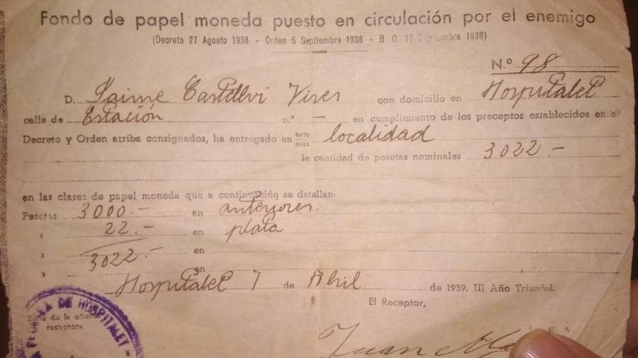 El documento que recibió Jaume Castellví en abril de 1939. FOTO: DT