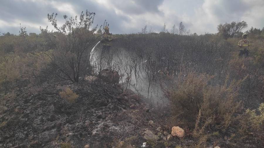 Imagen de los Bombers en Alcover apagando el incendio. Foto: Cedida