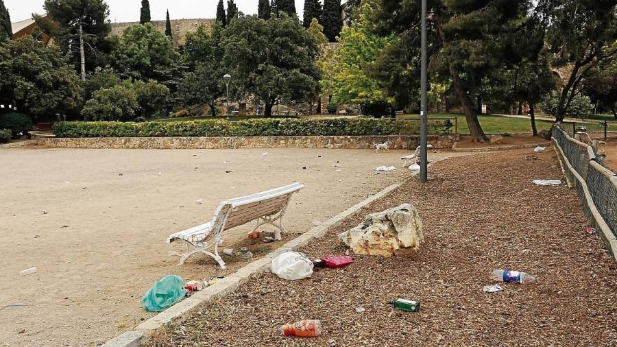 L’esplanada va despertar plena de botelles d’alcohol, de llaunes i gots i bosses de plàstic. FOTO: PERE FERRÉ
