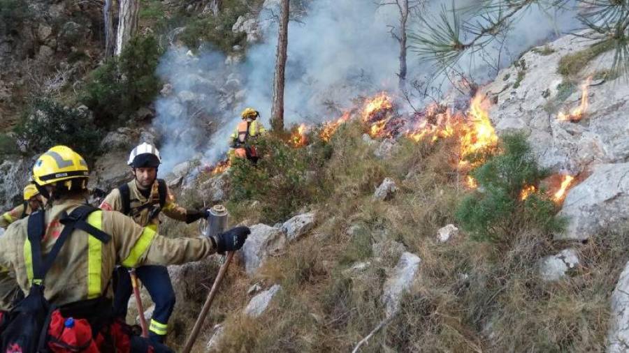 Els bombers durant la crema prescrita d'aquest matí a Rasquera. Foto: Bombers de la Generalitat