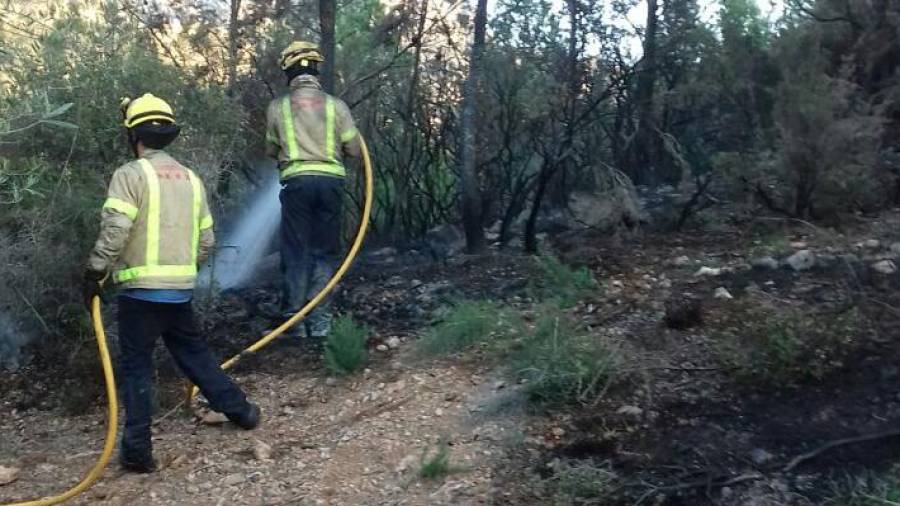 Dos bomberos trabajando en el incendio de Alfara de Carles. FOTO: Bombers