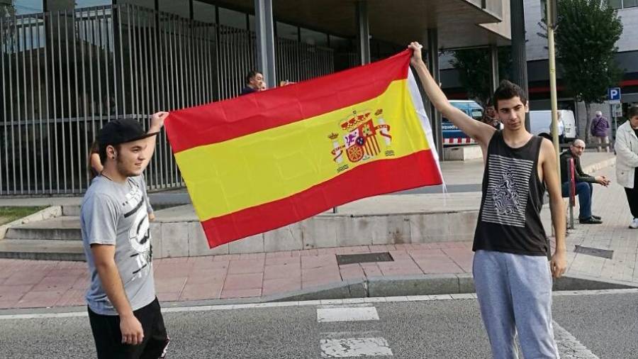 Alejandro y Maciá muestran una bandera española ayer por la mañana ante la sede de la Subdelegación del Gobierno. Foto: X.F