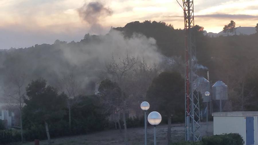 Imatge del fum de les dues calderes de biomassa instal·lades a pocs metres de les viviendes de la urbanització. Foto: DT