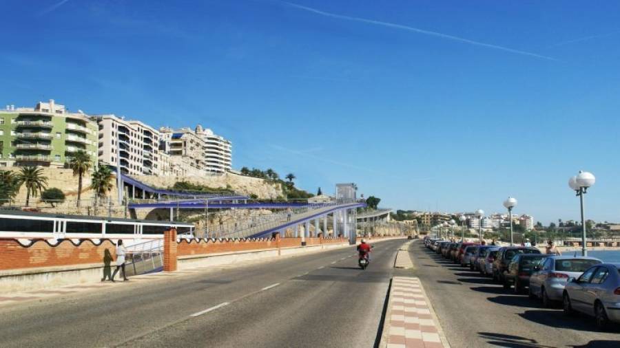Imagen virtual del aspecto que ofrecerá la futura instalación, que enlazará la Baixada del Toro con la playa del Miracle superando 17 metros y las vías del ferrocarril. Foto: Port de Tarragona